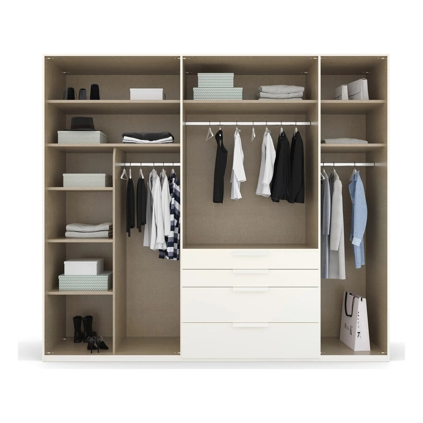 Frans 250cm 5 Door Wardrobe in White Glass - Interior view Styled in a Living Room