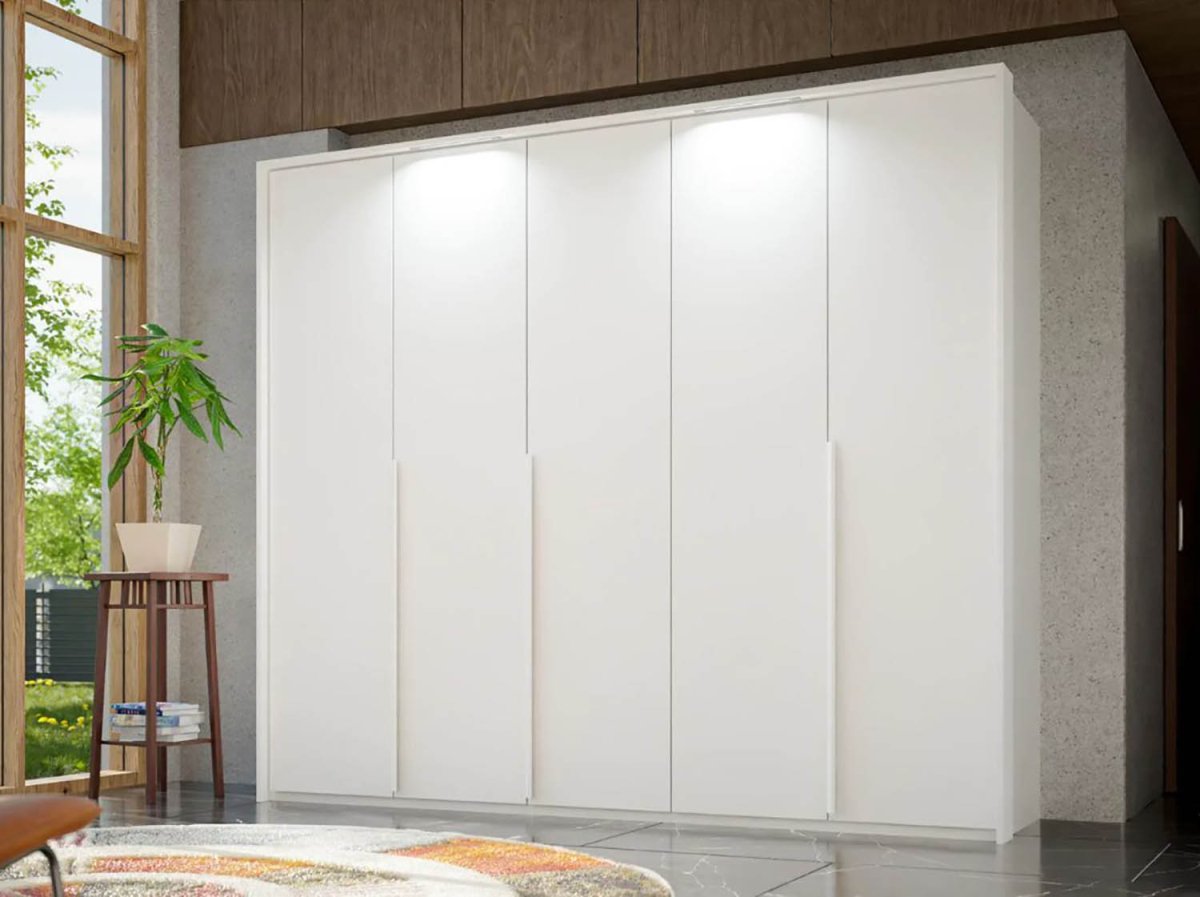 Frans 250cm Decor 5 Door Hinged Wardrobe in White - Passepartout Frame with Lights