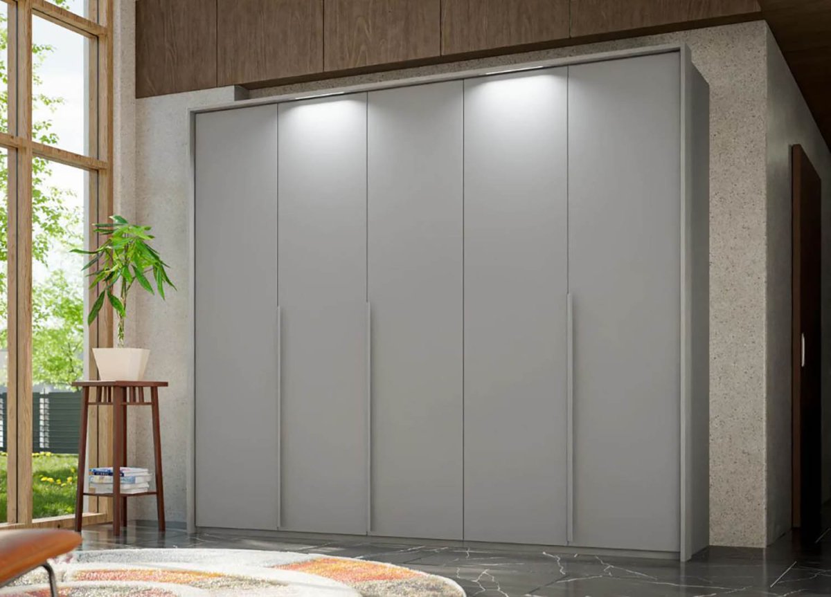 Frans 250cm Decor 5 Door Hinged Wardrobe in Silk Grey - Passepartout Frame with Lights