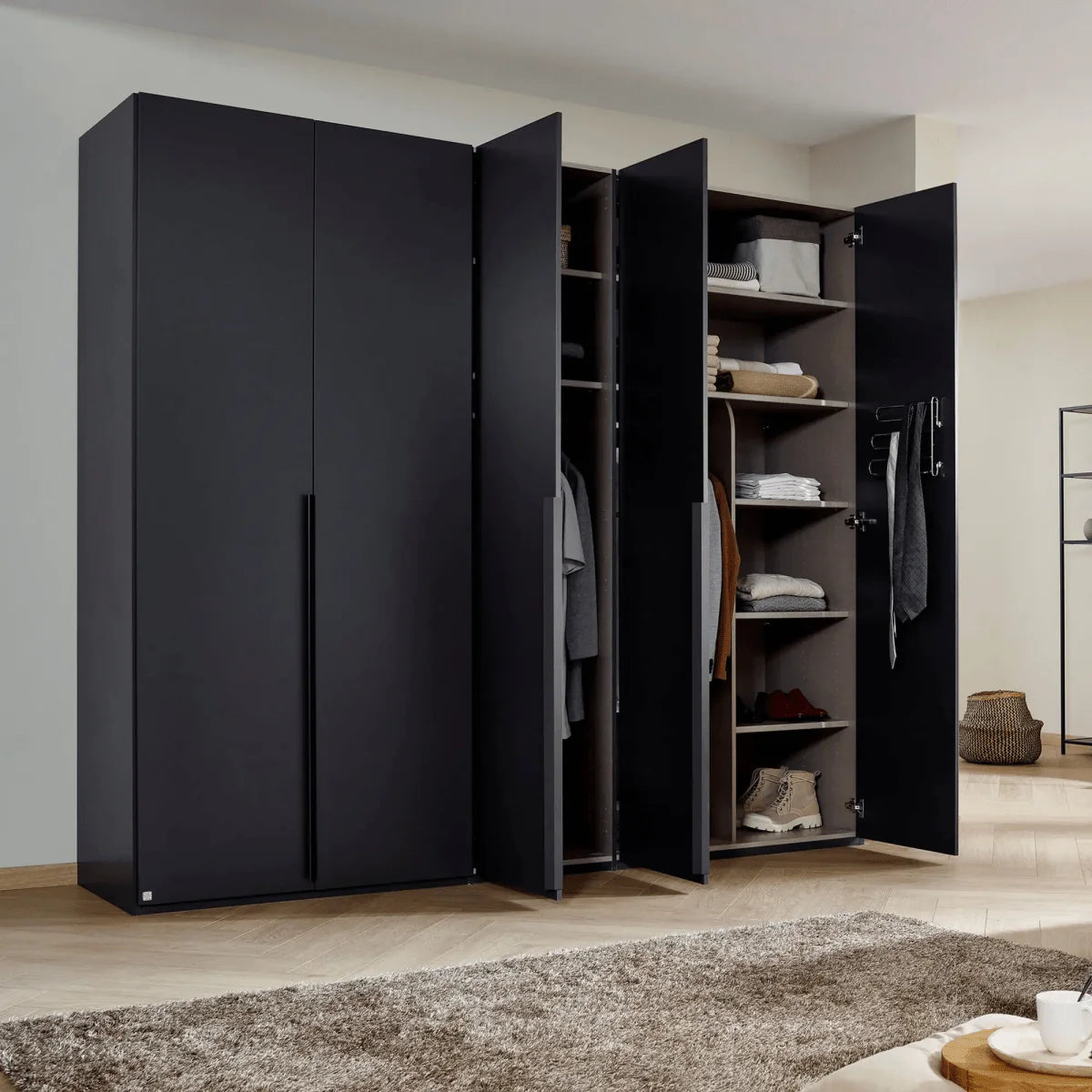 Frans 250cm Decor 5 Door Hinged Wardrobe in Graphite - Interior view Styled in a Living Room