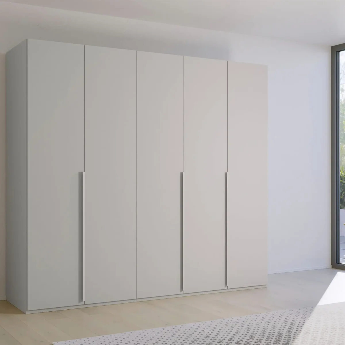 Frans 250cm Decor 5 Door Hinged Wardrobe in Silk Grey - Styled in a Bedroom