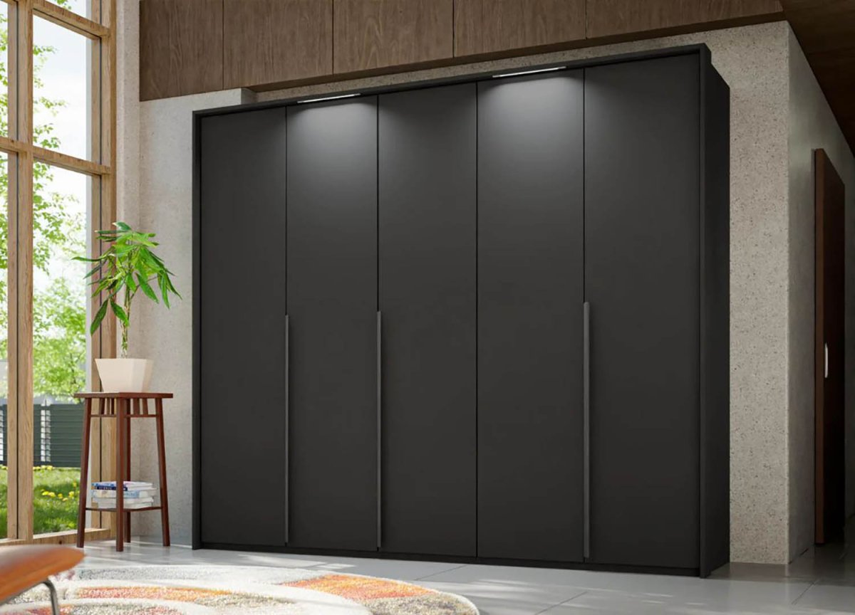 Frans 250cm Decor 5 Door Hinged Wardrobe in Graphite - Passepartout Frame with Lights