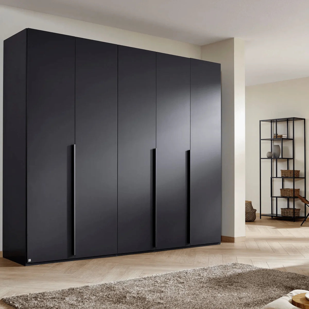 Frans 250cm Decor 5 Door Hinged Wardrobe in Graphite - Styled in a Bedroom