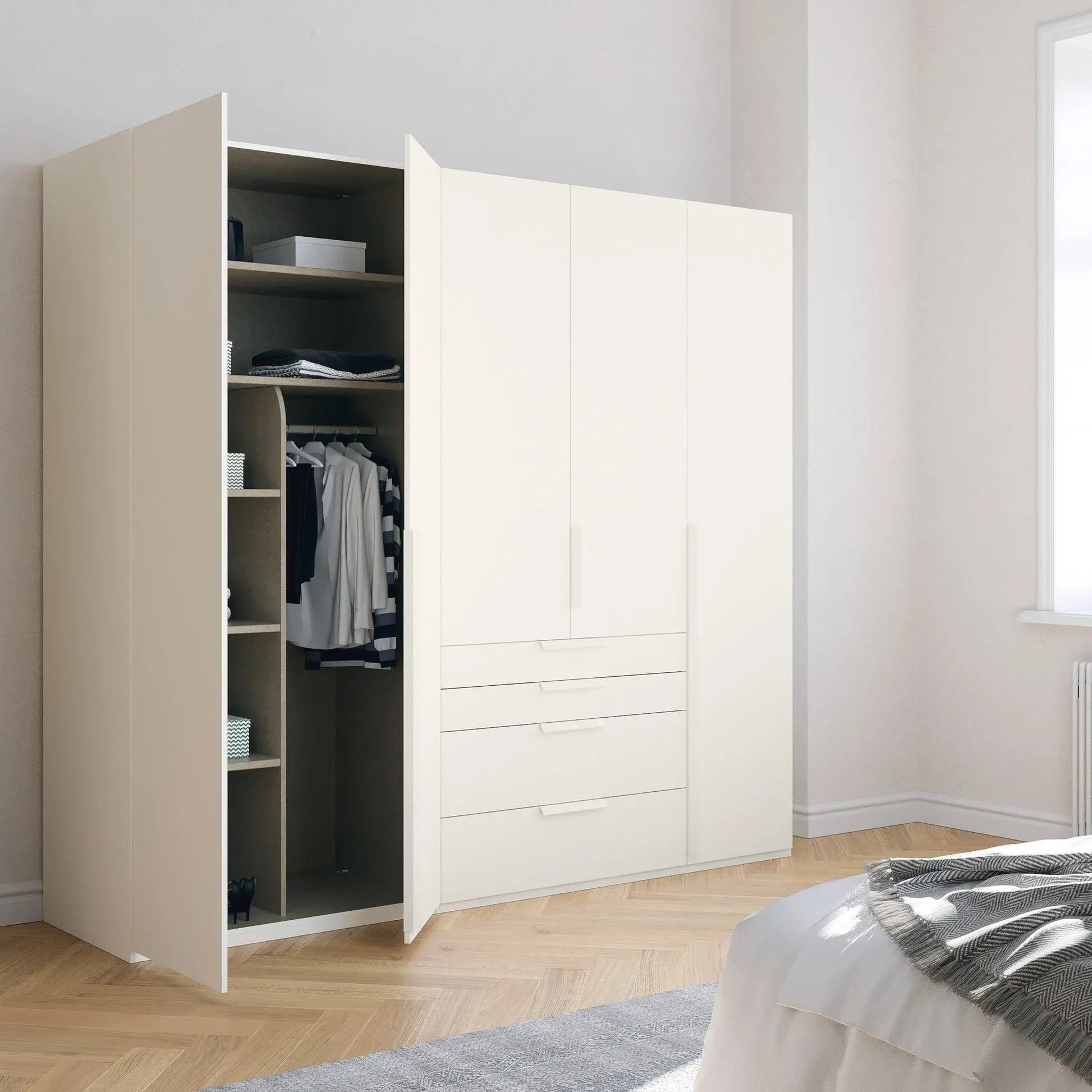 Frans 250cm Decor 5 Door Wardrobe With Drawers - Interior view Styled in a Bedroom