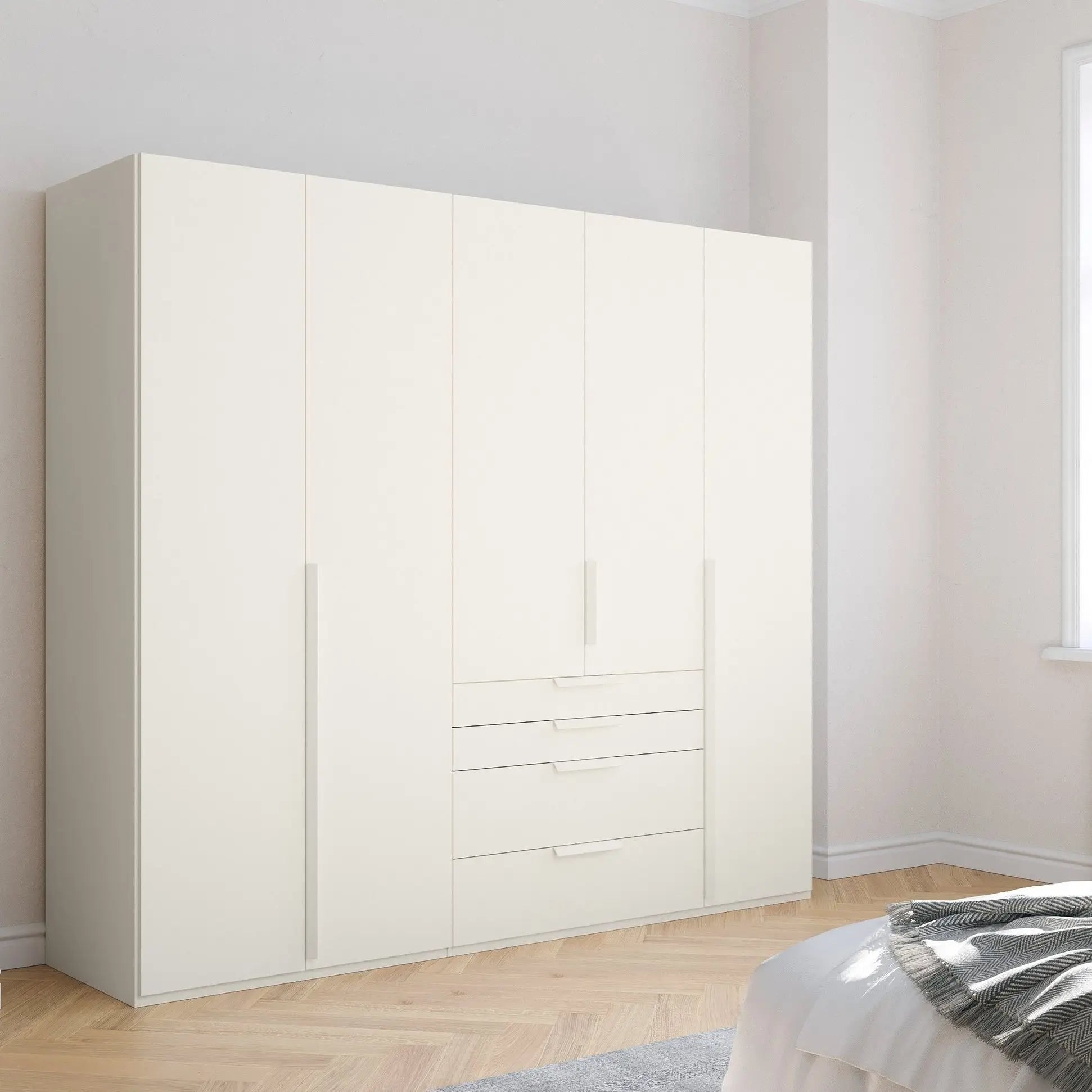 Frans 250cm Decor 5 Door Wardrobe With Drawers in White - Styled in a Bedroom