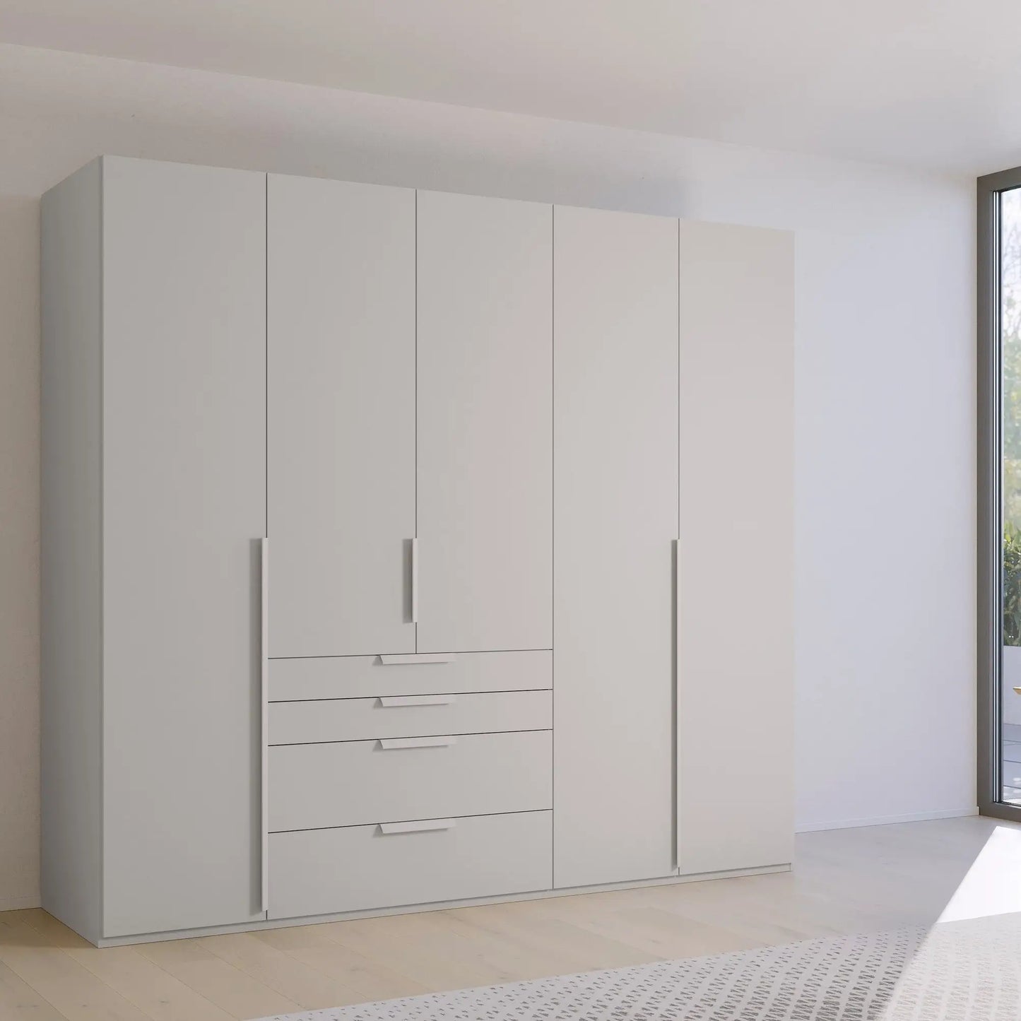 Frans 250cm Decor 5 Door Wardrobe With Drawers in Silk Grey - Styled in a Living Room