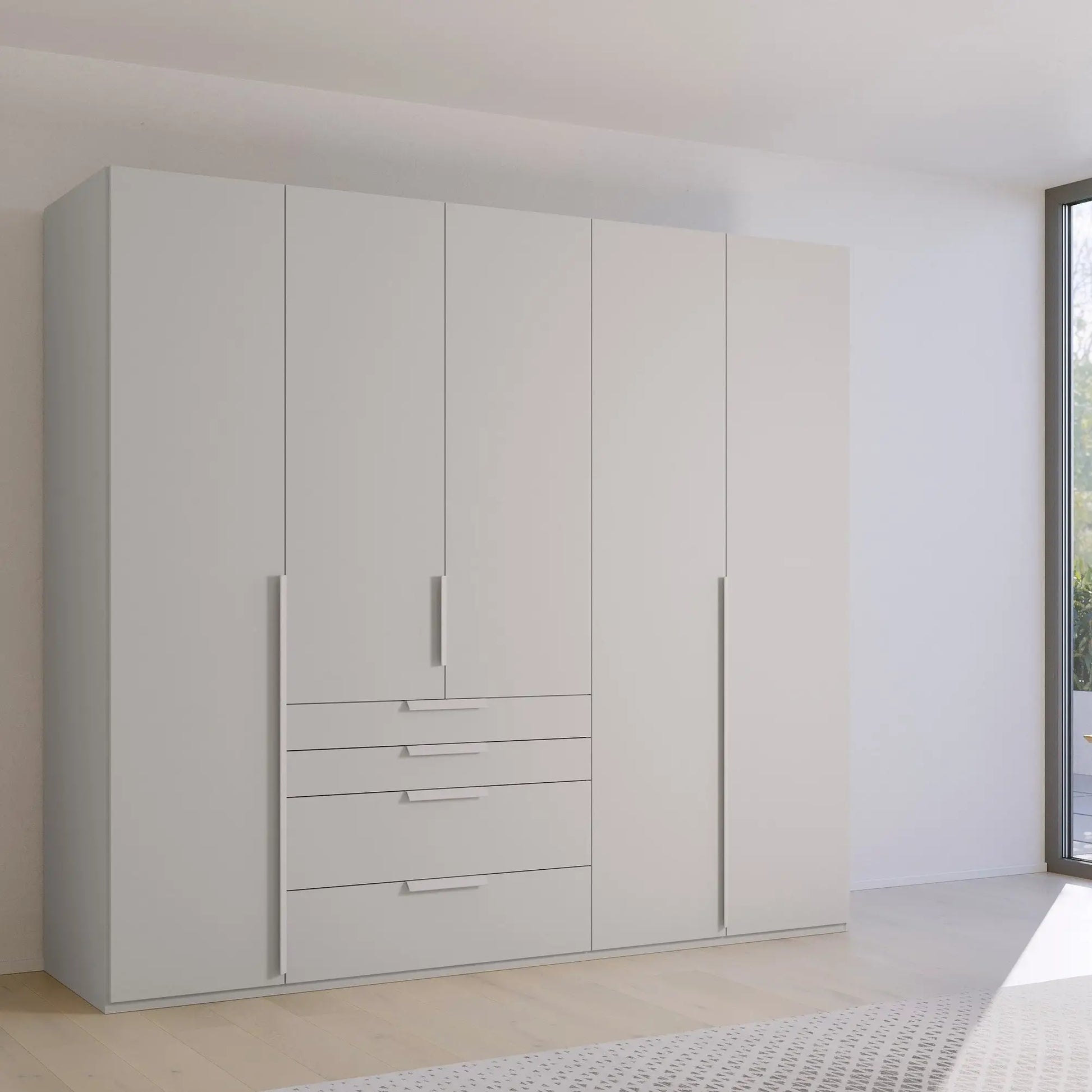 Frans 250cm Decor 5 Door Wardrobe With Drawers in Silk Grey - Styled in a Living Room