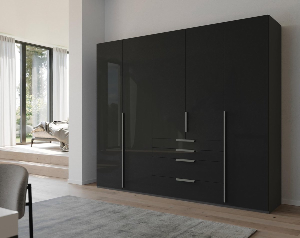 Frans 250cm Glass 5 Door Wardrobe With Drawers in Graphite - Styled in a Living Room