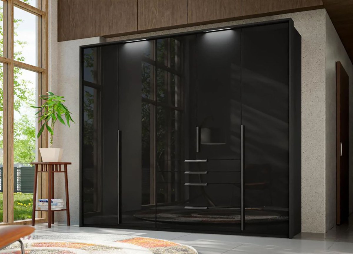 Frans 250cm Glass 5 Door Wardrobe With Drawers in Graphite - Passepartout Frame with Lights
