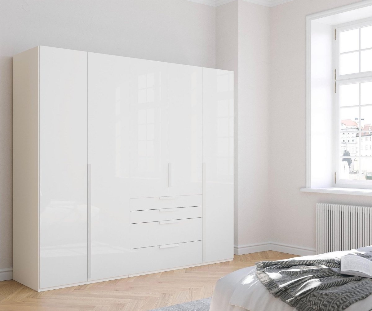 Frans 250cm Glass 5 Door Wardrobe With Drawers in White - Styled in a Bedroom