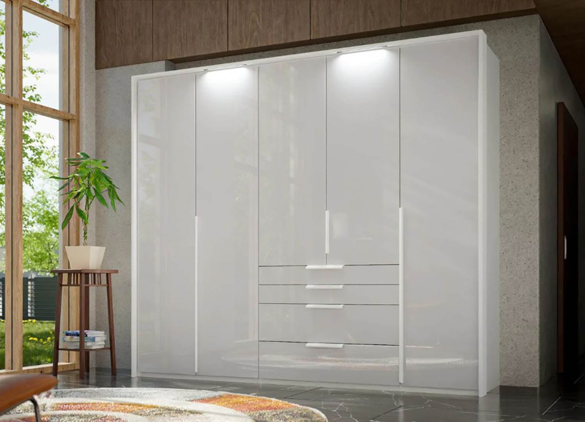 Frans 250cm Glass 5 Door Wardrobe With Drawers in White - Passepartout Frame with Lights