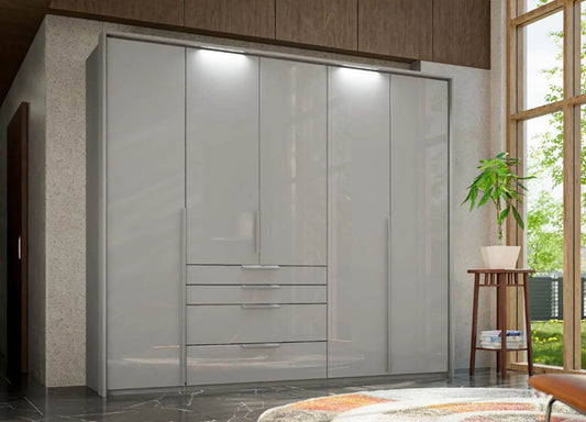 Frans 250cm Glass 5 Door Wardrobe With Drawers in Silk Grey - Passepartout Frame with Lights