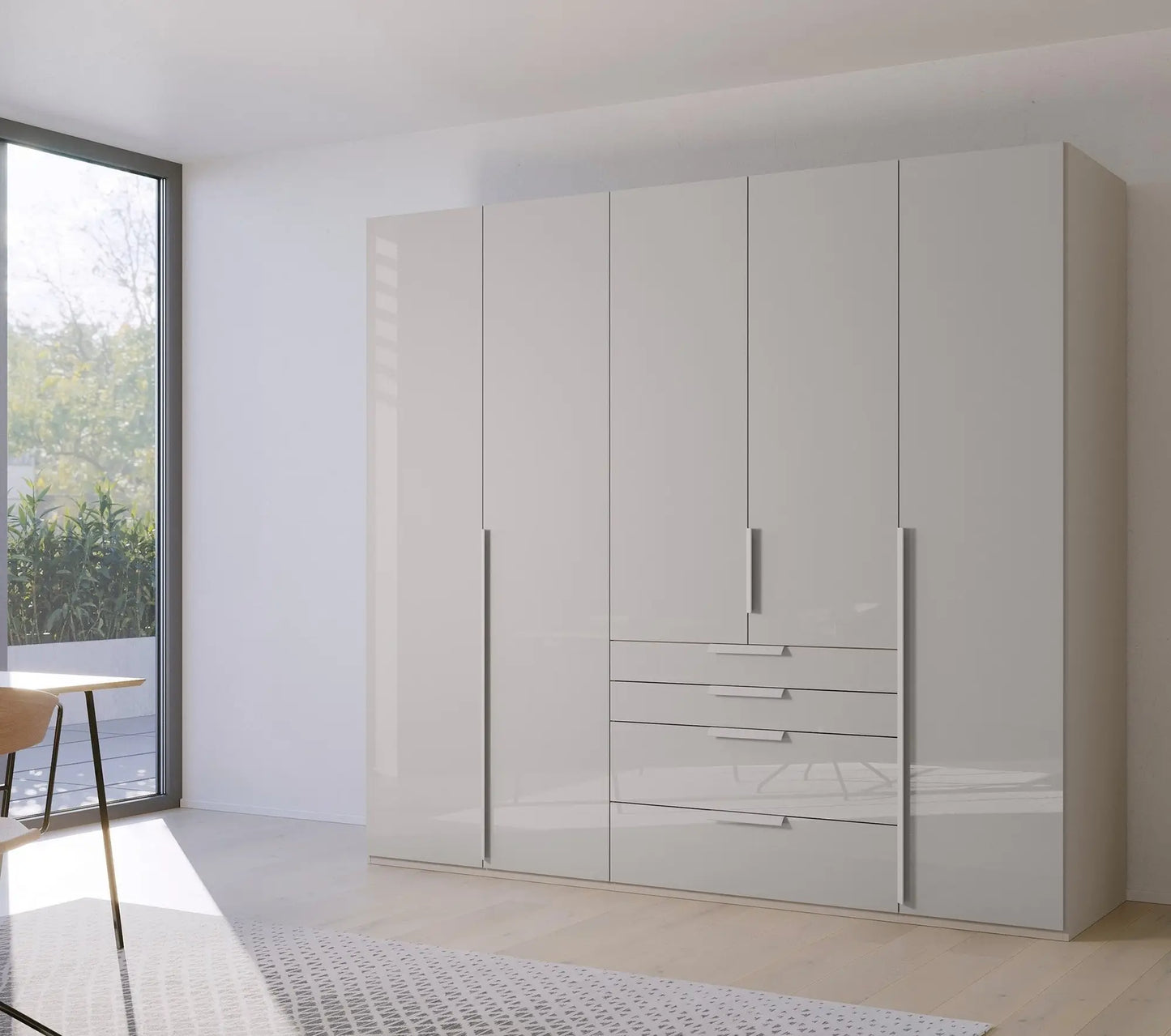 Frans 250cm Glass 5 Door Wardrobe With Drawers in Silk Grey - Styled in a Living Room