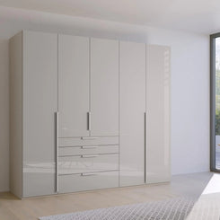 Shop the Rauch Frans 251cm Glass 5 door wardrobe with exterior drawers, free delivery, optional installation and a 10-year manufacturer guarantee.
