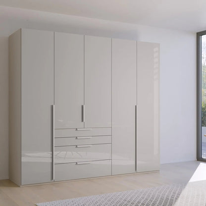 Shop the Rauch Frans 251cm Glass 5 door wardrobe with exterior drawers, free delivery, optional installation and a 10-year manufacturer guarantee.