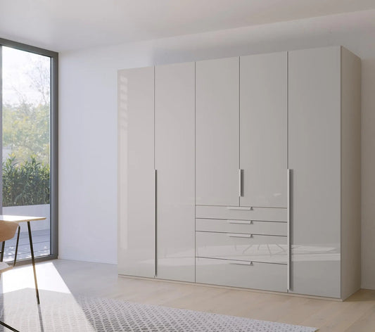 Frans 250cm Glass 5 Door Wardrobe With Drawers in Silk Grey - Styled in a Living Room