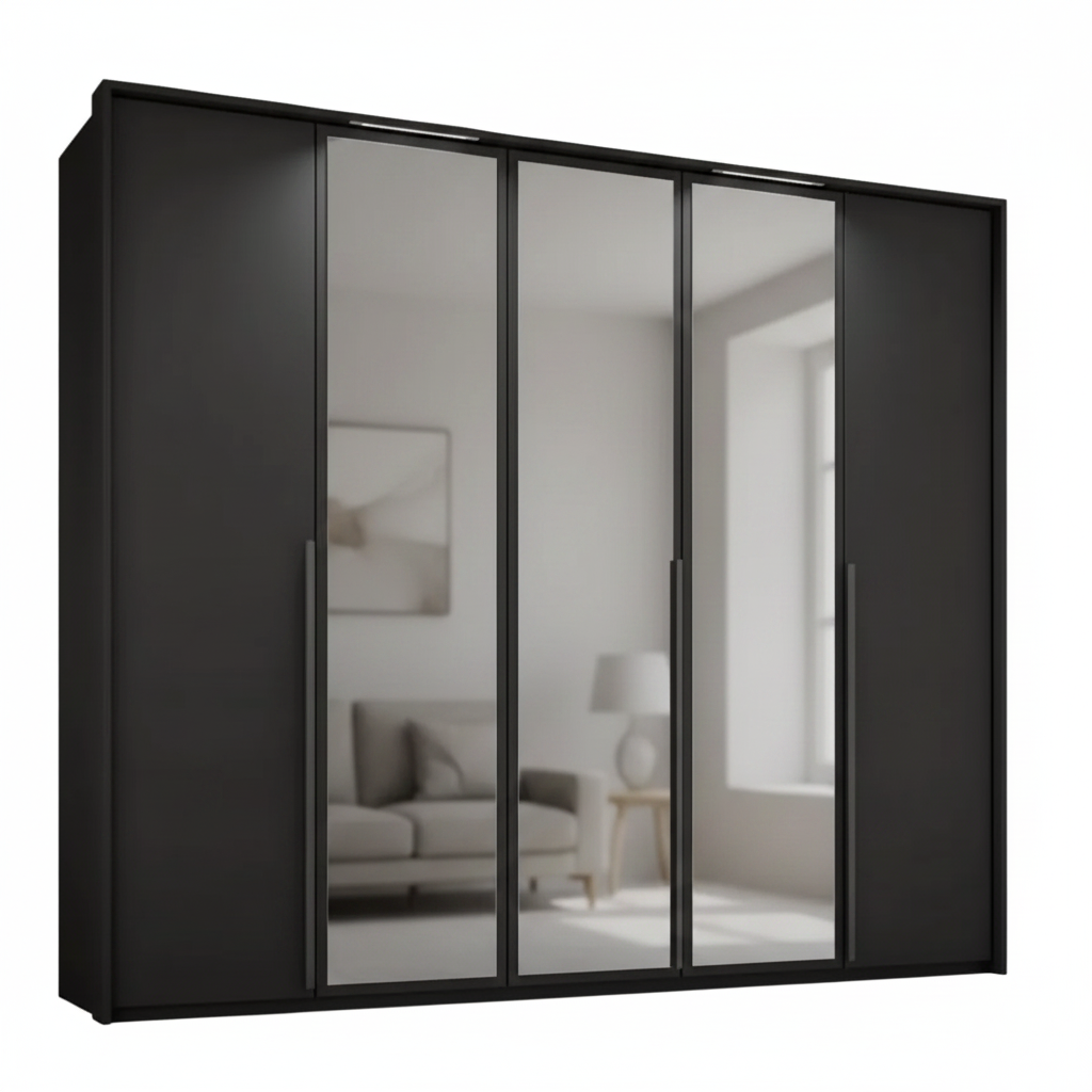 Rauch Frans 250cm Graphite 5 Door Hinged Wardrobe with Mirror, Premium Interior and PPT Light Frame