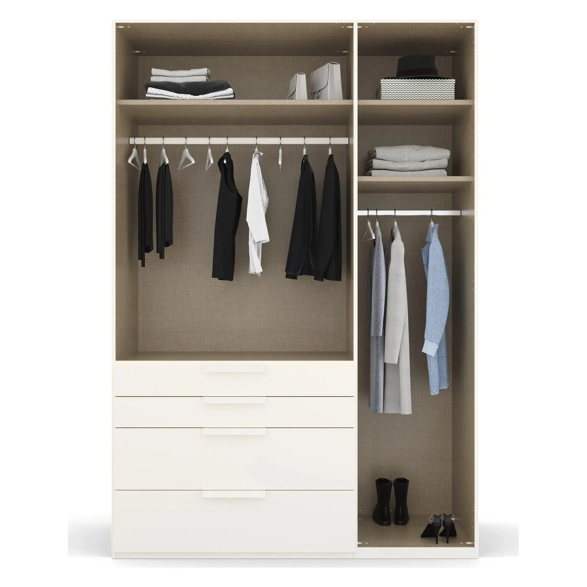 Frans 151cm Glass 3 Door Wardrobe With Drawers in White - Interior view Styled in a Bedroom