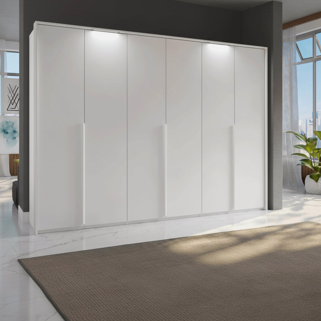 Frans 300cm 6 Door Large Wardrobe in White - Passepartout Frame with Lights