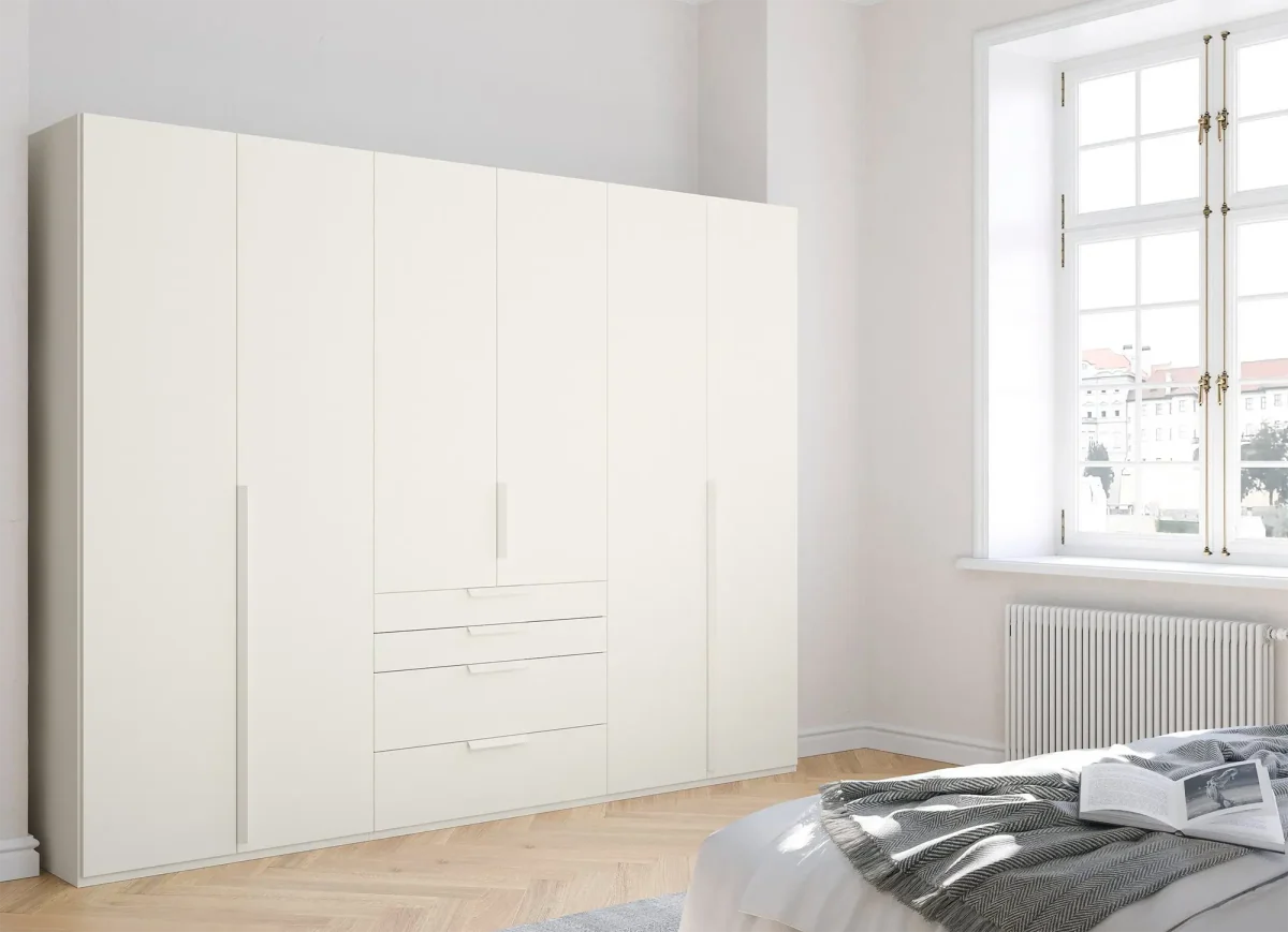 Frans 300cm Decor 6 Door Wardrobe With Drawers in White - Styled in a Bedroom