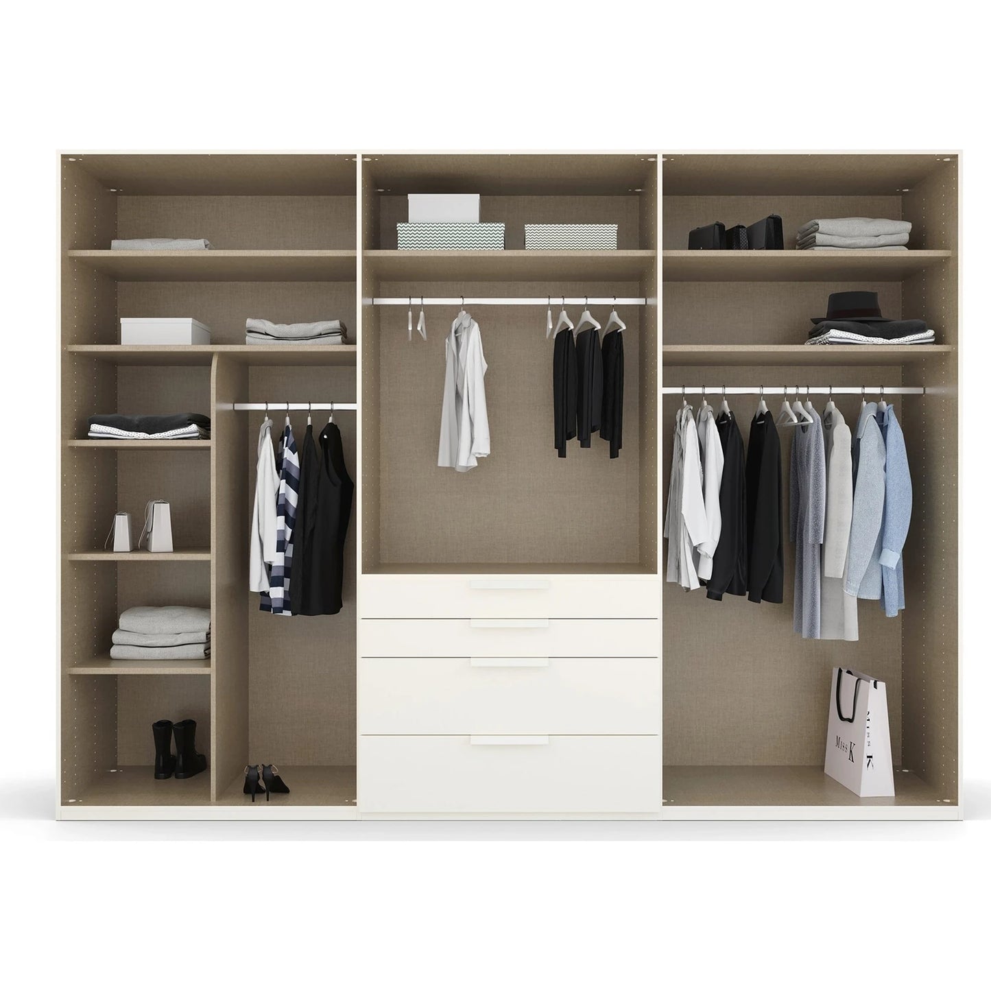 Frans 300cm Glass 6 Door Wardrobe With Drawers - Interior view Styled in a Bedroom
