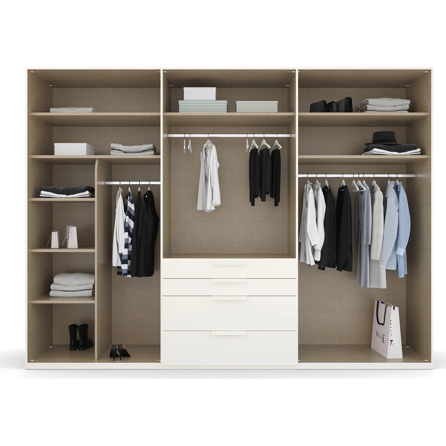 Frans 300cm Glass 6 Door Wardrobe With Drawers - Interior view Styled in a Bedroom