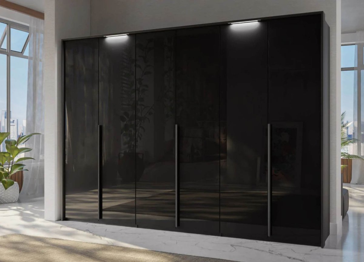 Frans 300cm Glass 6 Door Wardrobe in Graphite Glass - Passepartout Frame with Lights