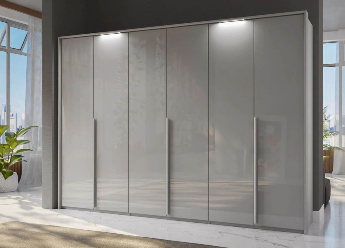 Frans 300cm Glass 6 Door Wardrobe in Silk Grey Glass - Passepartout Frame with Lights