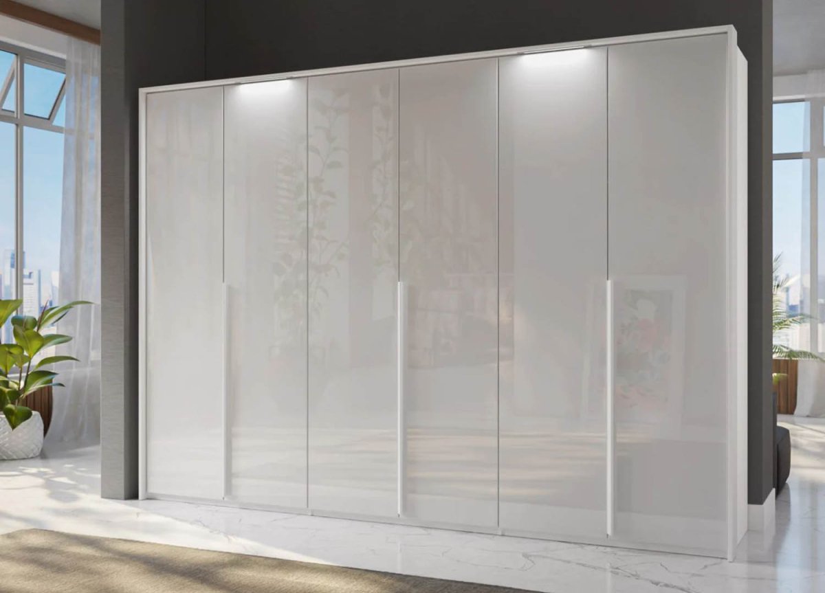 Frans 300cm Glass 6 Door Wardrobe in Silk White Glass - Passepartout Frame with Lights