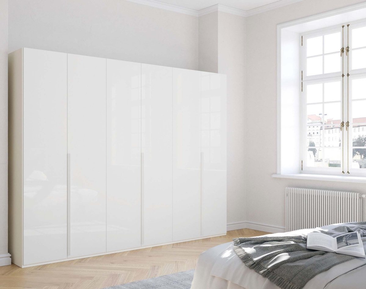 Frans 300cm Glass 6 Door Wardrobe in Silk White Glass - Styled in a Bedroom