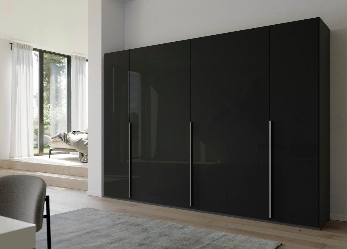 Frans 300cm Glass 6 Door Wardrobe in Graphite Glass - Styled in a Bedroom