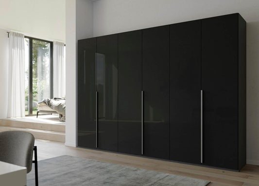 Frans 300cm Glass 6 Door Wardrobe in Graphite Glass - Styled in a Bedroom