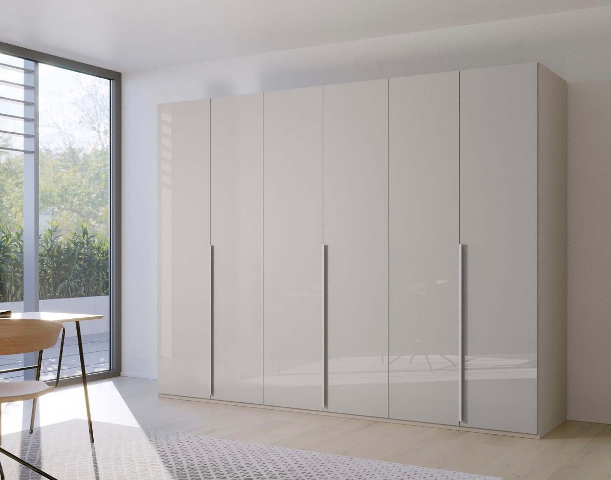 Frans 300cm Glass 6 Door Wardrobe in Silk Grey Glass - Styled in a Bedroom