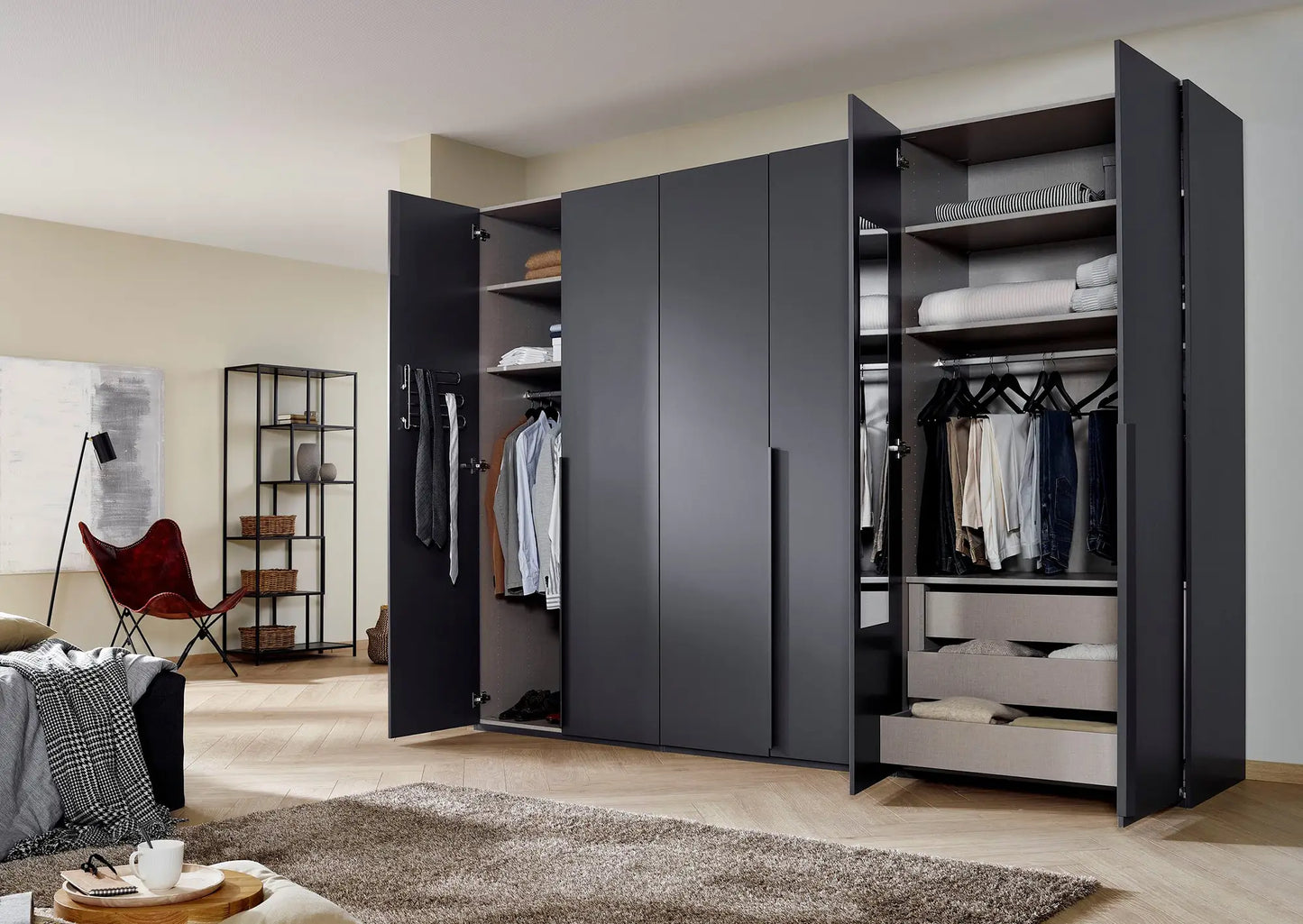 Frans 300cm Glass 6 Door Wardrobe in Graphite Glass - Styled in a Bedroom with things Placed 