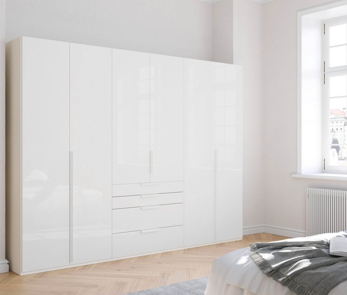 Frans 300cm Glass 6 Door Wardrobe With Drawers in White - Styled in a Bedroom