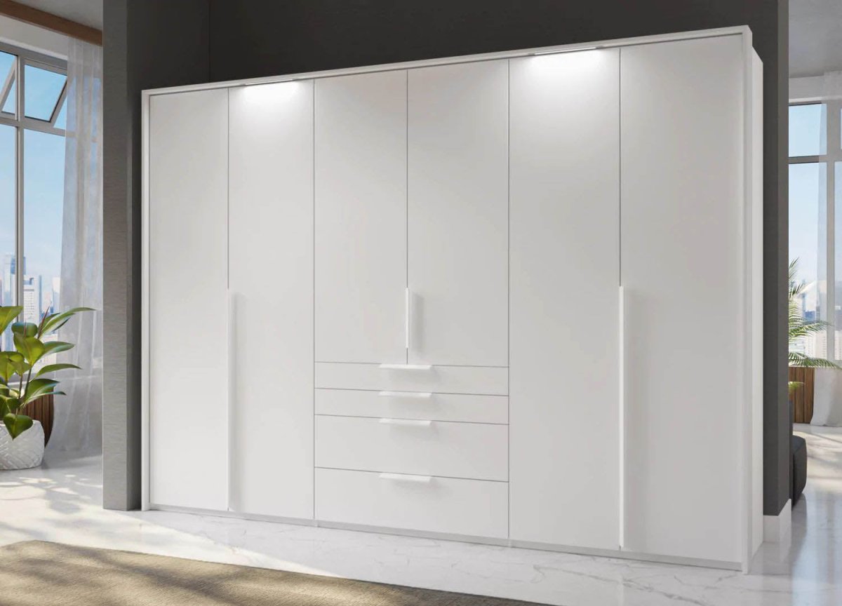 Frans 300cm Glass 6 Door Wardrobe With Drawers in White - Passepartout Frame with Lights