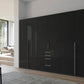 Frans 300cm 6 Door Wardrobe With Drawers in Basalt Glass - Styled in a Bedroom