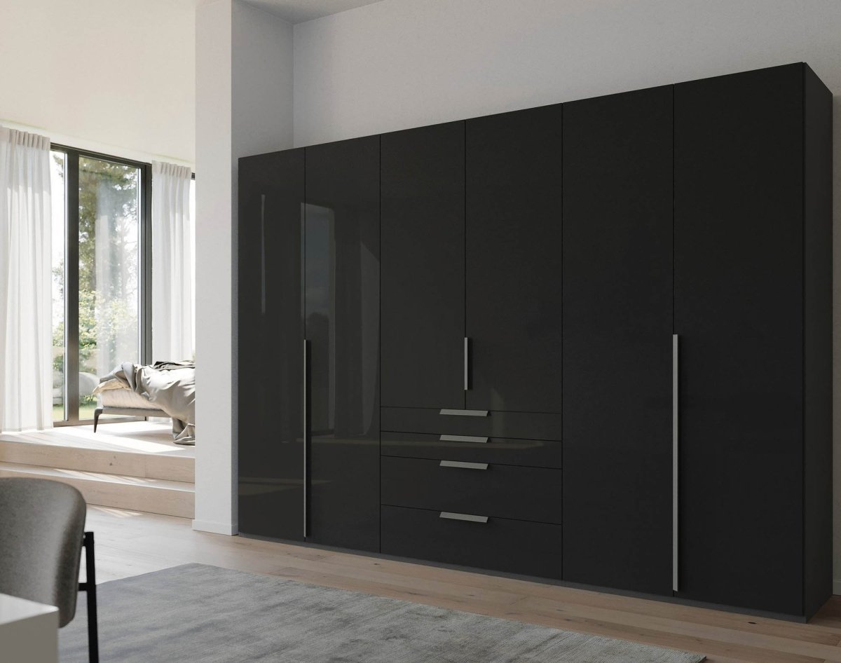 Frans 300cm 6 Door Wardrobe With Drawers in Basalt Glass - Styled in a Bedroom
