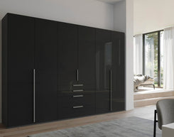 Frans 300cm 6 Door Wardrobe With Drawers in Basalt Glass - Styled in a Bedroom