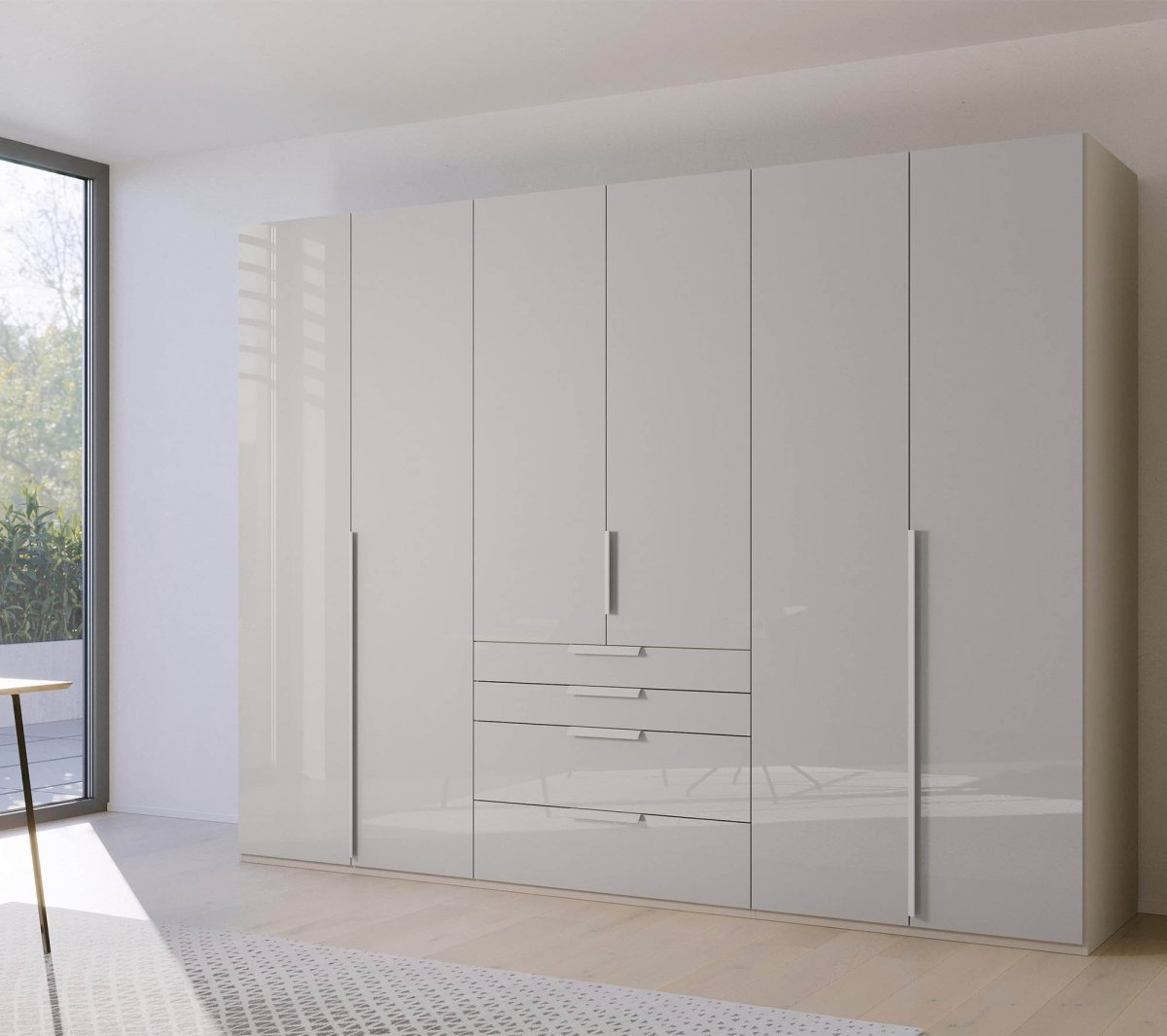 Frans 300cm Glass 6 Door Wardrobe With Drawers in Silk Grey - Styled in a Bedroom