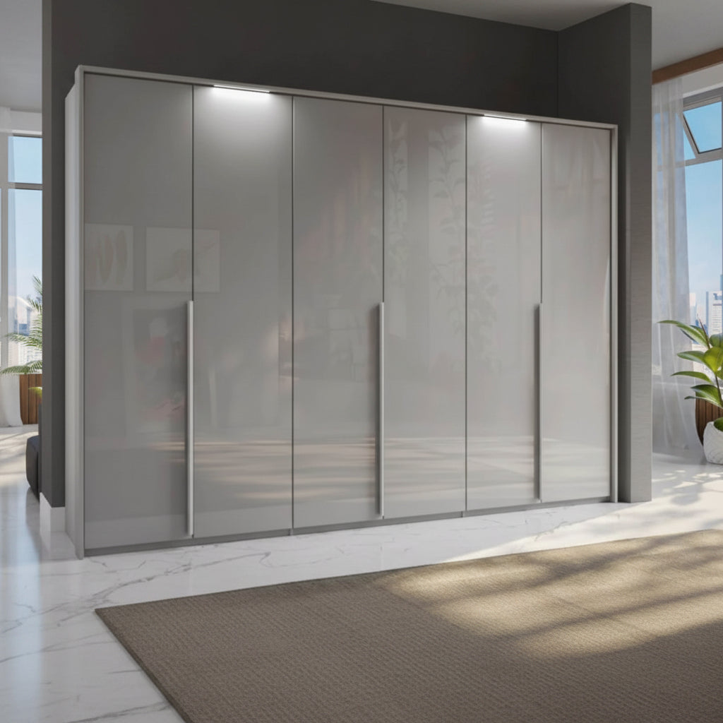 Rauch Frans 300cm Silk Grey Glass 6 door wardrobe with LED light Passepartout Frame, premium interior and long door handles