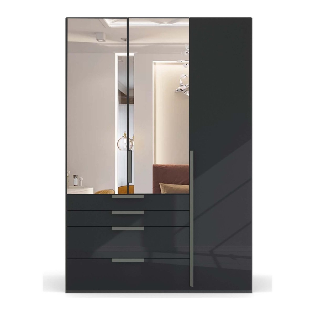 Rauch Frans 151cm Basalt Glass 3 door wardrobe with 4 exterior drawers and Mirror 
