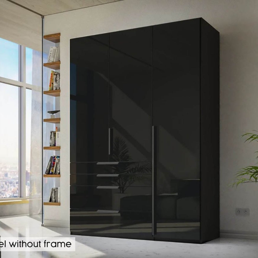 Rauch Frans 151cm Black Glass 3 door wardrobe with 4 exterior drawers 