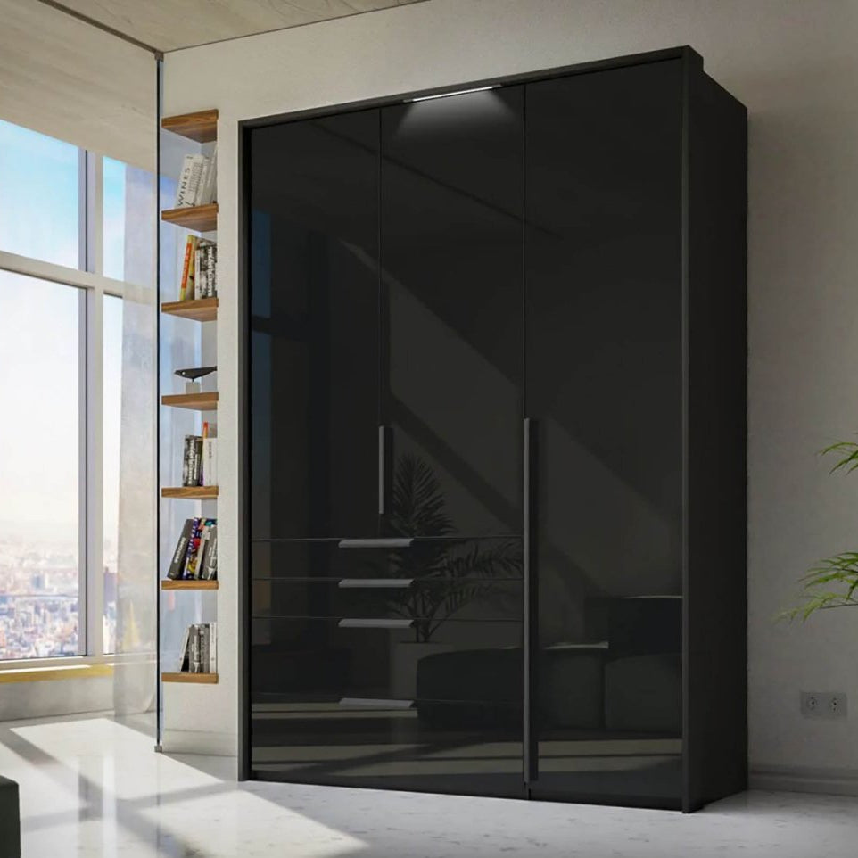 Shop the Rauch Frans 151cm Black Glass 3 door wardrobe with Light Frame and 4 exterior drawers