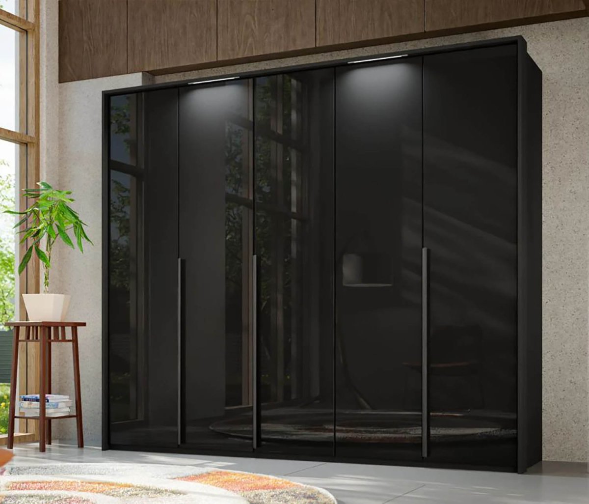 Frans 250cm 5 Door Wardrobe in Graphite Glass - Passepartout Frame with Lights