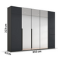 Dimensions on White Backgroud of Rauch Frans 250cm Basalt Glass 5 door wardrobe with Mirror, premium interior, Long Door Handles, free assembly and 10-year guarantee.