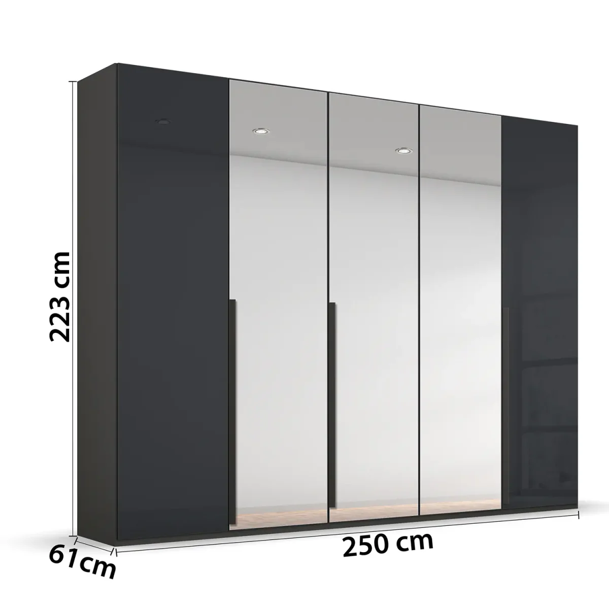 Dimensions on White Backgroud of Rauch Frans 250cm Basalt Glass 5 door wardrobe with Mirror, premium interior, Long Door Handles, free assembly and 10-year guarantee.