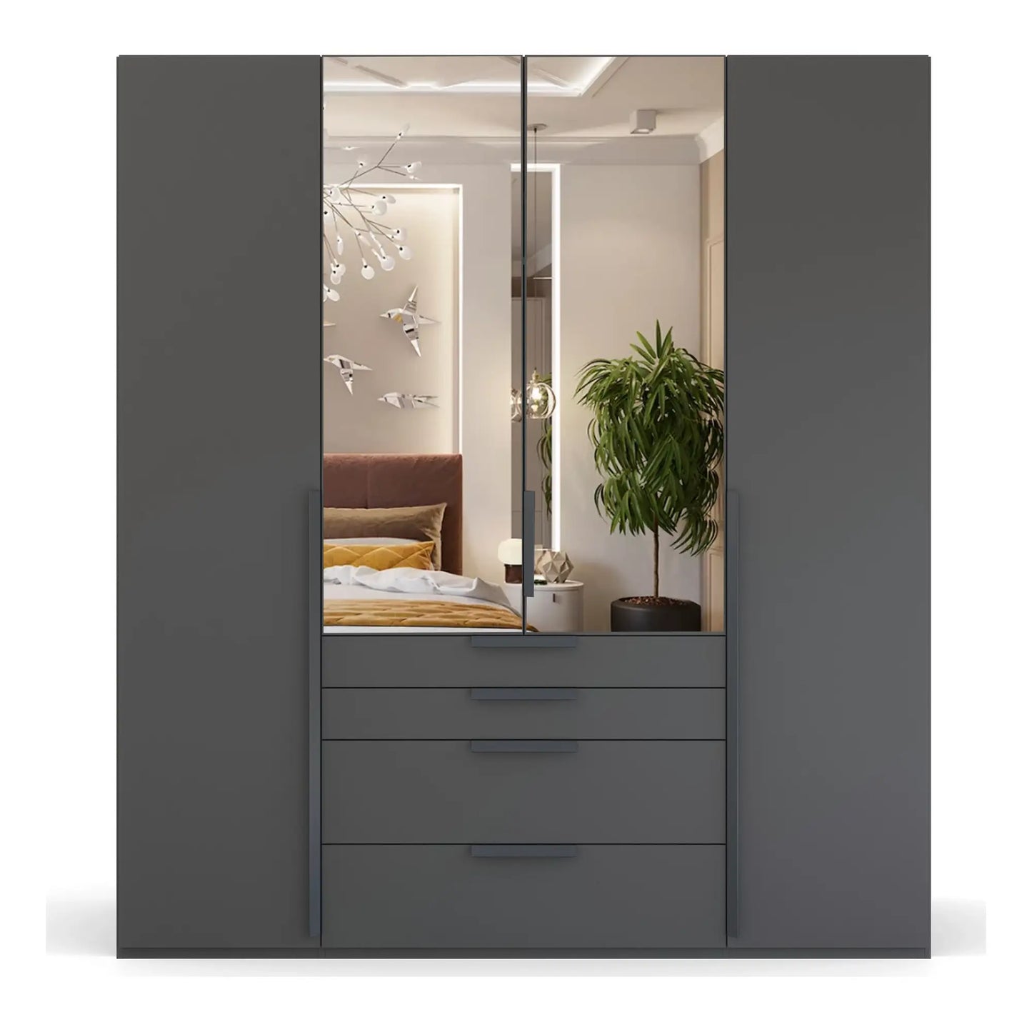Frans 200cm Matt Graphite 4 Door Wardrobe with Drawers and Mirror 