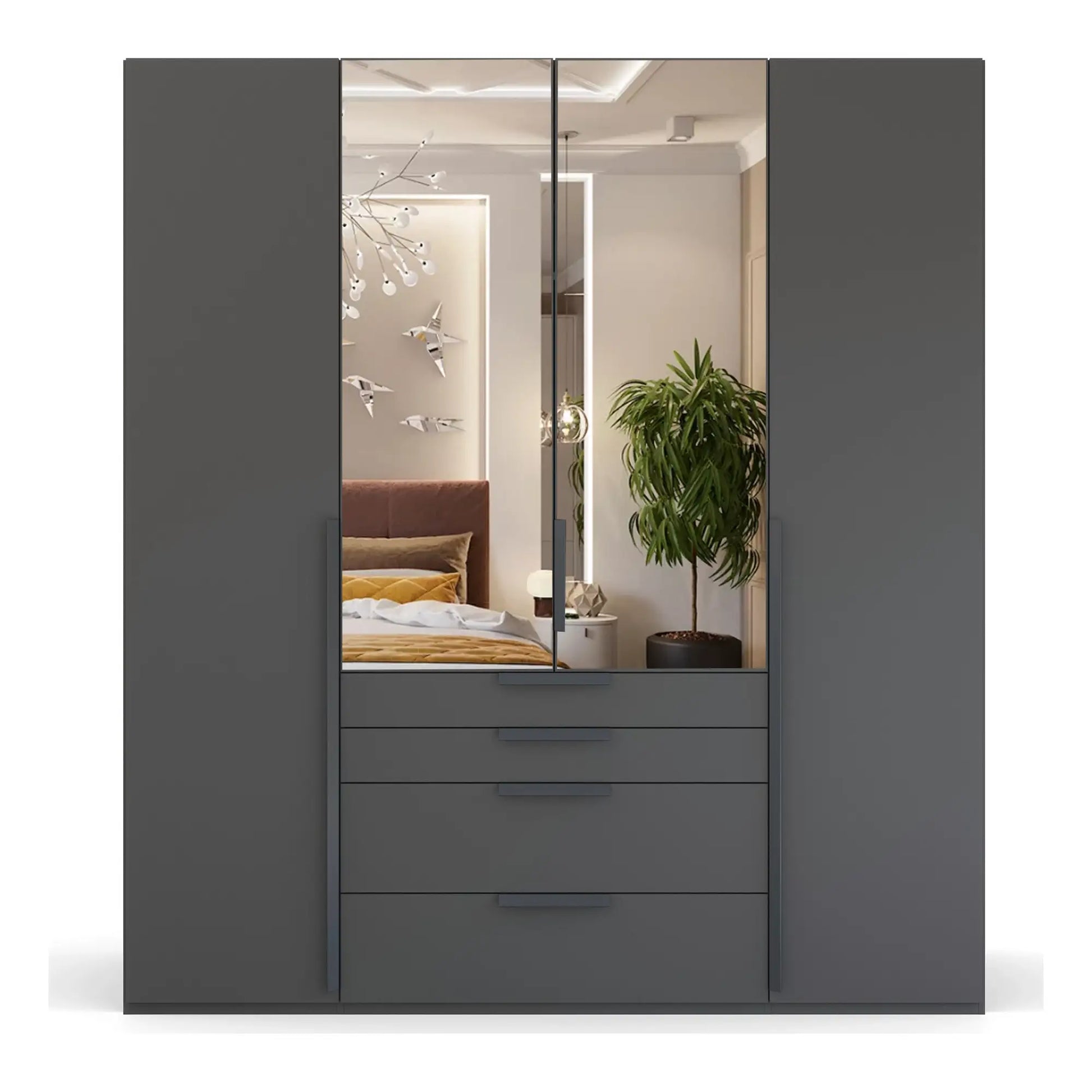 Frans 200cm Matt Graphite 4 Door Wardrobe with Drawers and Mirror 