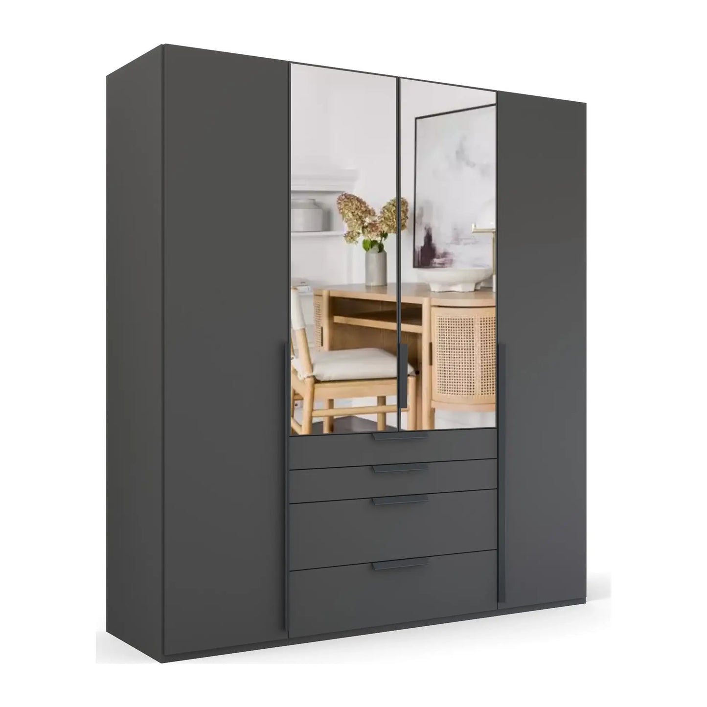 Frans 200cm Matt Graphite 4 Door Wardrobe with Drawers and Mirror 